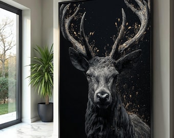 Majestueus hert portret canvas, donkere dieren in het wild kunst aan de muur, rustiek decor hertenkop, natuur bos dier canvas, moderne huisdecoratie