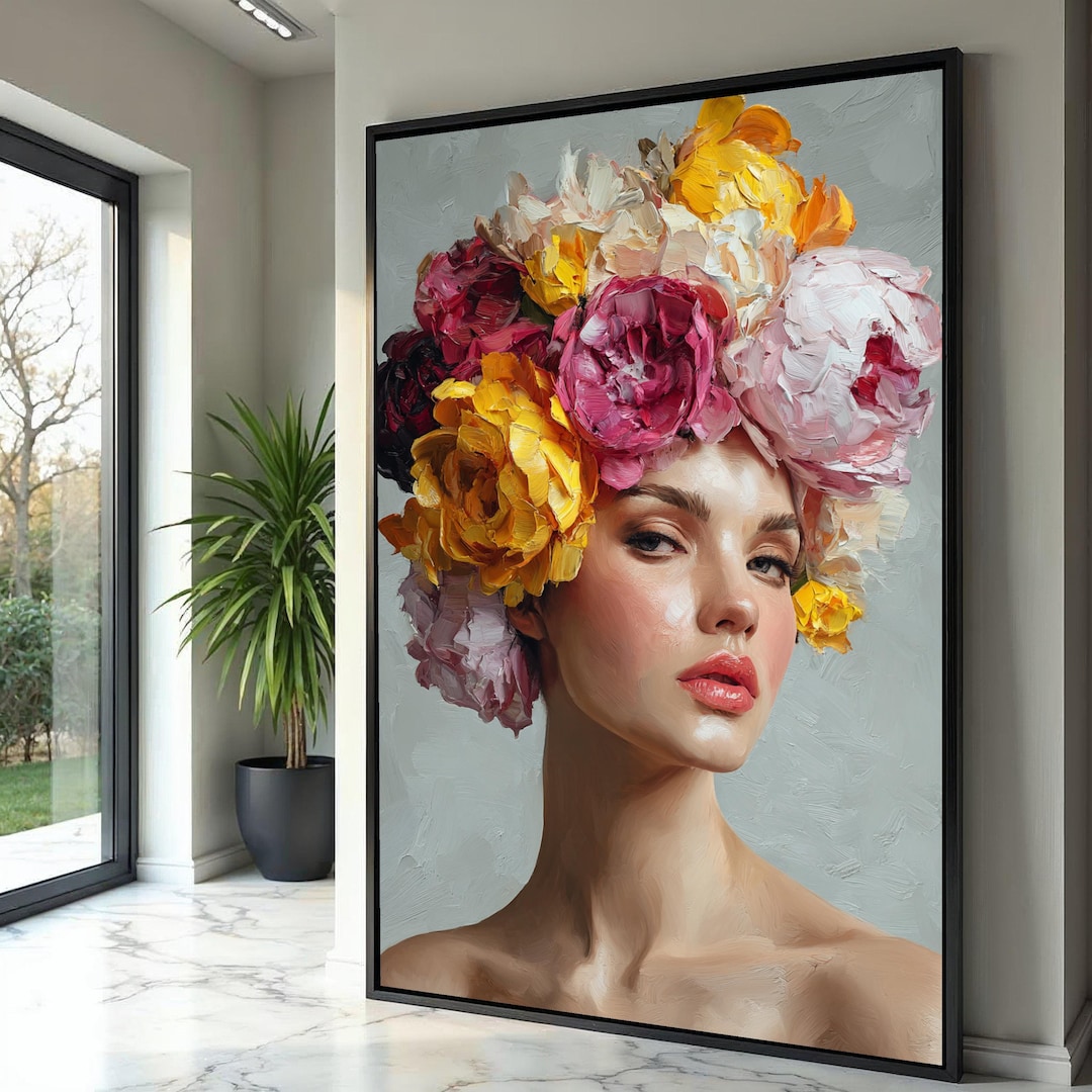 Elegant Woman Portrait Canvas, Floral Headpiece Wall Art, Modern Oil ...