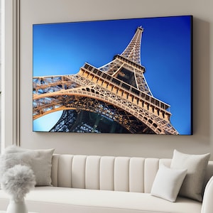Eiffel Tower Close-Up Canvas, Paris Landmark Wall Art, Architectural Detail Canvas, Blue Sky Urban Decor, Travel Photography Canvas Wall Art