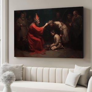 Medieval King Coronation Canvas, Royal Ceremony Wall Art, Historical Portrait Painting, Regal Crown Scene, Classic Royalty Decor