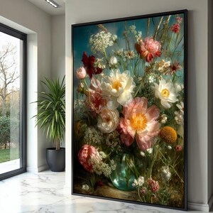 Vintage Floral Bouquet Canvas, Romantic Garden Flowers Wall Art, Peony and Wildflower Canvas Decoration, Home Interior Canvas Art