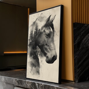 Maestoso cavallo e montagna, tela da parete, natura e fauna selvatica a doppia esposizione, arredamento rustico per baite, ritratto di animali in bianco e nero