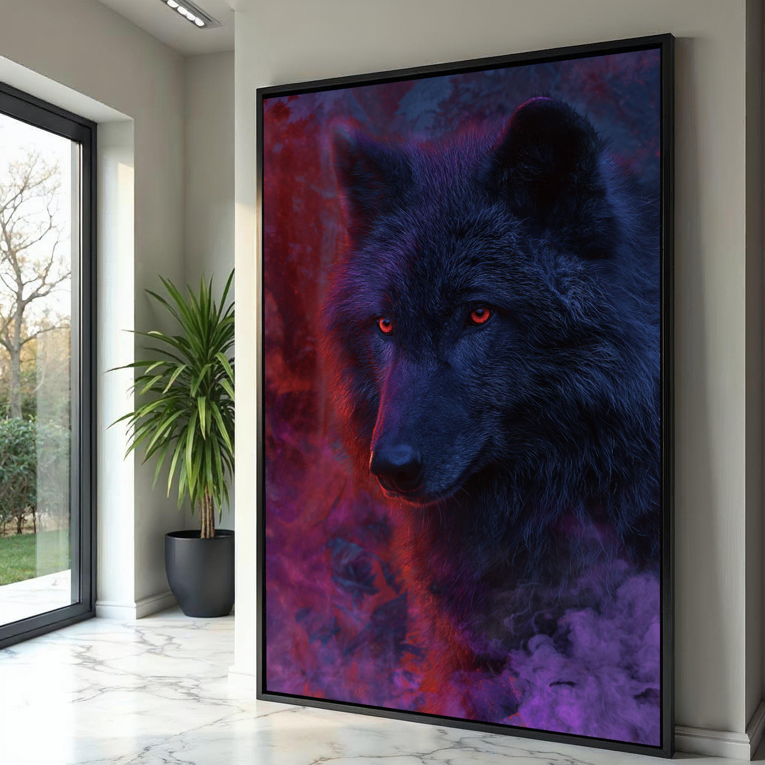 神秘的な黒狼のキャンバス壁アート、赤い目の動物の肖像画、暗い森の