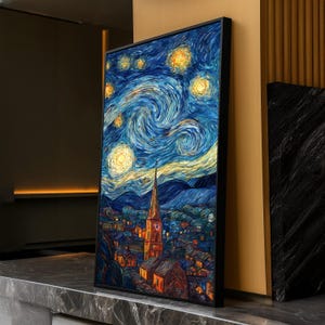 Quadro su tela con cielo stellato notturno, paesaggio notturno vorticoso, scena di villaggio astratta, dipinto a olio su tela con colori vivaci, pronto per l'arredamento della casa