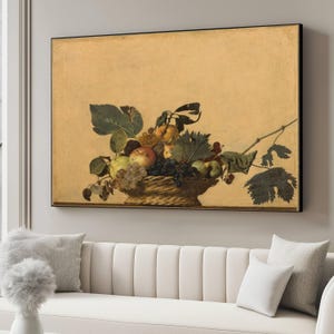 Classic Fruit Basket Canvas Wall Art, Vintage Still Life Painting, Rustic Home Decor, Grapes and Apples Canvas, Traditional Kitchen Wall Art