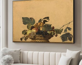 Classic Fruit Basket Canvas Wall Art, Vintage Still Life Painting, Rustic Home Decor, Grapes and Apples Canvas, Traditional Kitchen Wall Art