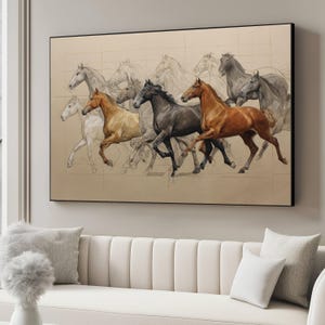 Stampa su tela con cavalli al galoppo, schizzo equestre dinamico, dipinto artistico di cavalli, decorazione rustica con animali, stampa su tela con movimento della natura