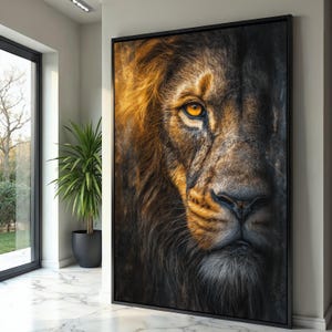 Ritratto di leone maestoso su tela, decorazione murale con animali selvatici, decorazione con volto di animale feroce, tela con natura safari, opera d'arte pronta da appendere