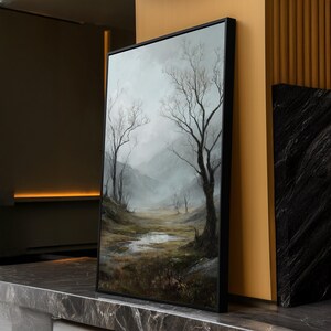 Misty Mountain Valley Canvas, Winter Tree Landscape Wall Art, Serene Nature Scene, Moody Forest Decor, Ready to Hang Canvas