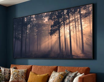 Mystical Morning Forest Canvas Wall Art, Sun Rays Through Trees, Foggy Woodland Decor, Nature Landscape Canvas, Peaceful Forest Scene
