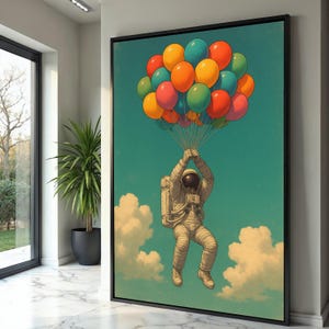 Tela con astronauta che tiene palloncini colorati, stampa artistica spaziale, decorazione da parete con cielo surreale, illustrazione retrò vintage, tela per la decorazione della casa