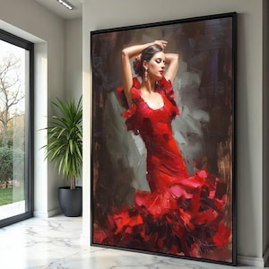 Eleganter Flamenco Tänzer Leinwand Wandkunst, Rotes Kleid Gemälde, Spanischer Tanz Porträt, Moderne Impressionistische Wohnkultur, Fertig zum Aufhängen Kunstwerk