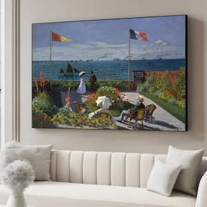 Scena di giardino sul mare impressionista, tela da parete vintage francese, dipinto di paesaggio costiero di Claude Monet, tela per decorazioni floreali per la casa