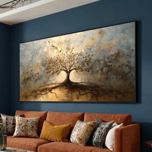 Quadro su tela "Albero della Vita Dorato", dipinto astratto di un albero, decorazione per la casa con foglie metalliche, tela moderna ispirata alla natura, pronto per essere appeso.