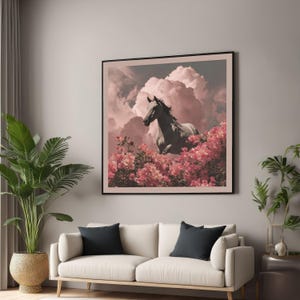 Elegante cavallo bianco su tela, decorazione murale con giardino floreale rosa, ritratto di animale maestoso, decorazione con paesaggio nuvoloso da sogno, stampa su tela con natura