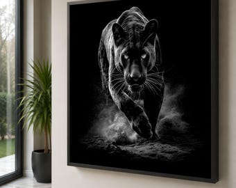Arte de parede em tela com pantera negra majestosa, estampa de animal selvagem feroz, decoração de selva escura
