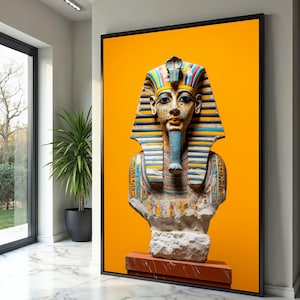 Egyptian Pharaoh Bust Canvas, Ancient Egypt Wall Art, Colorful Tutankhamun Decor, Historical Art Print, Vibrant Museum Style Canvas