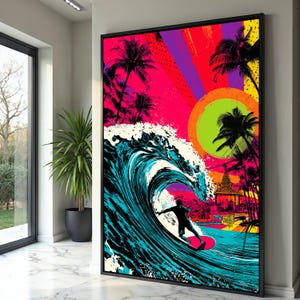 Lebendige Surfende Welle Leinwand, Tropischer Strand Wandkunst, Palme Silhouette, Sonnenuntergang Ozean Szene, Sommer Surfbrett Druck, Küsten Wohnkultur