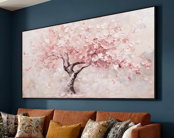 Pink Cherry Blossom Tree Canvas, Floral Wall Art, Spring Painting, Nature Botanical Canvas, Elegant Home Decor, Ready to Hang Artwork