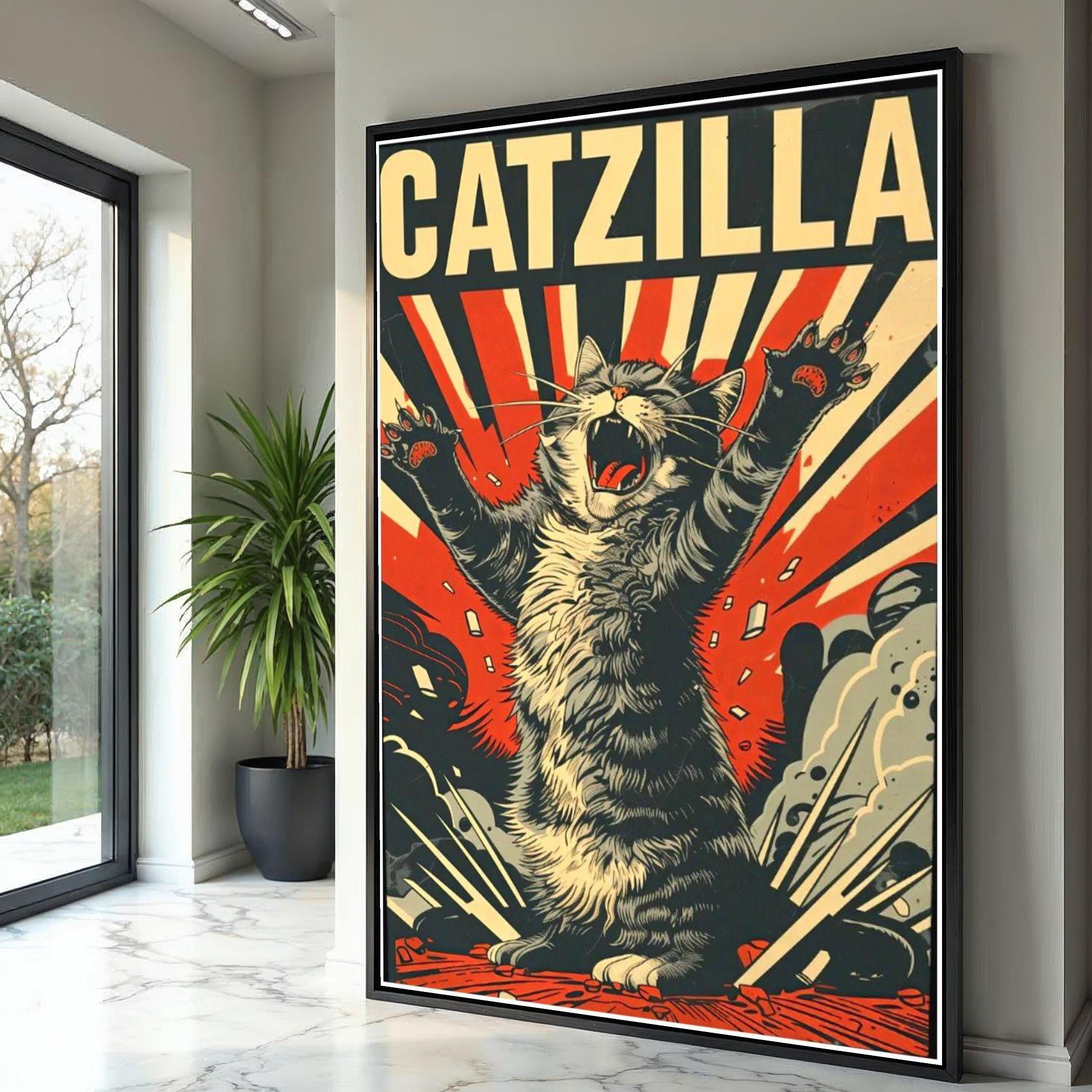 Catzilla Canvas Wall Art, Retro Cat Poster, Vintage Comic Style