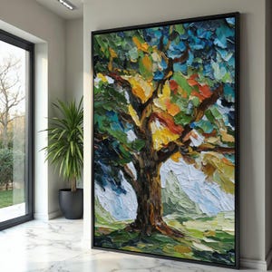 Vibrant Abstract Tree Canvas, Colorful Nature Painting, Landscape Wall Art, Impasto Style Decor, Modern Home Canvas Art