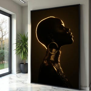 Elegant Silhouette Portrait Canvas, African Woman Profile Wall Art, Golden Accent Jewelry, Modern Home Decor Canvas