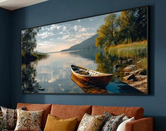 Tranquil Lake Wooden Boat Canvas Print, Serene Water Reflection Landscape Home Decor