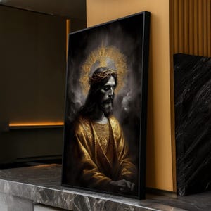 Jesus Christ Portrait Canvas, Crown of Thorns Wall Art, Religious Canvas Decor, Sacred Gold Halo Painting, Christian Artwork for Home