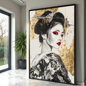 Elegant Geisha Portrait Canvas, Asian Woman Wall Art, Traditional Kimono Decor, Modern Asian Style, Gold Accent Canvas, Home Decoration