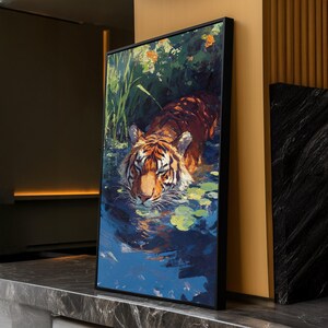 Maestosa tigre che beve acqua su tela, quadro da parete con animali selvatici, dipinto di scena naturale, decorazione della giungla, quadro su tela pronto da appendere