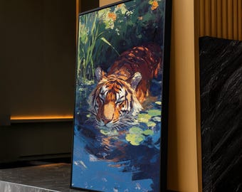 Majestic Tiger Drinking Water Canvas, Wildlife Animal Wall Art, Nature Scene Painting, Jungle Decor, Ready to Hang Canvas Art