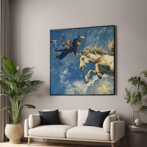 Quadro dinamico con cavallo e cavaliere, decorazione murale con sport d'azione, scena di salto equestre, quadro con cielo azzurro, decorazione rustica per la casa, energia e movimento