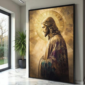 Serene Jesus Portrait Canvas, Spiritual Wall Art, Religious Christian Decor, Golden Halo Illustration, Inspirational Canvas Art