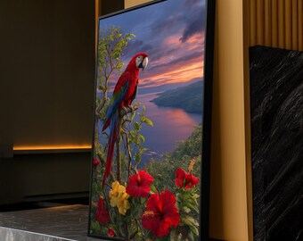 Lienzo decorativo de loro tropical, pintura de guacamayo colorido, paisaje de flores de hibisco, lienzo de naturaleza al atardecer, decoración de fauna exótica