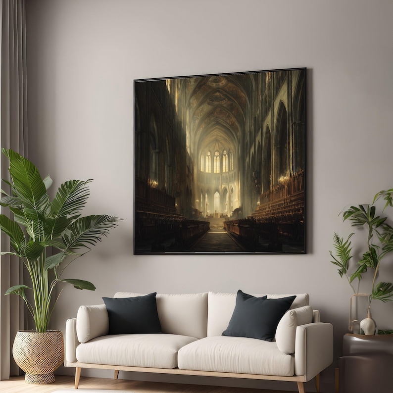 Majestic Gothic Cathedral Interior Canvas, Sunlit Church Architecture Wall Art, Historic Religious Building, Spiritual Home Décor, Ready to