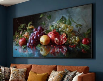 Vibrant Fruit Still Life Canvas, Pomegranates and Grapes Wall Art, Colorful Kitchen Decor, Rustic Home Decoration, Ready to Hang Canvas