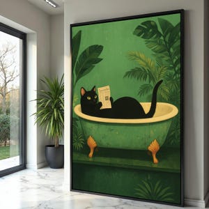 Gatto nero in vasca da bagno vintage, stampa su tela con foglie tropicali, arte con animali stravaganti, decorazione da parete botanica verde, stampa su tela per la casa eccentrica
