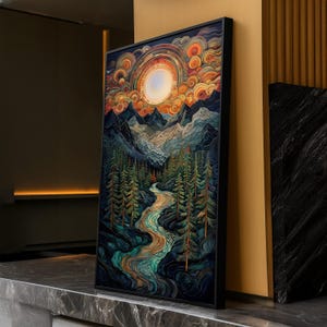 Quadro su tela astratto con ruscello di montagna, dipinto murale con alba colorata, dipinto di paesaggio naturale, decorazione di fiume nella foresta, quadro su tela moderno con natura selvaggia