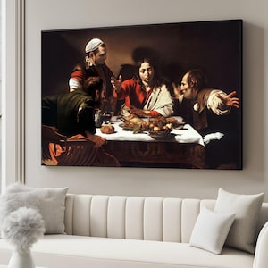 Quadro su tela raffigurante la Cena in Emmaus, dipinto di scena biblica, opera d'arte religiosa su tela, decorazione con luci e ombre spettacolari, casa classica