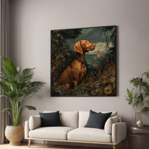 Art mural sur toile élégant chien Vizsla, scène de jardin botanique vintage, peinture de paysage de château, décoration de maison rustique, animal de la nature