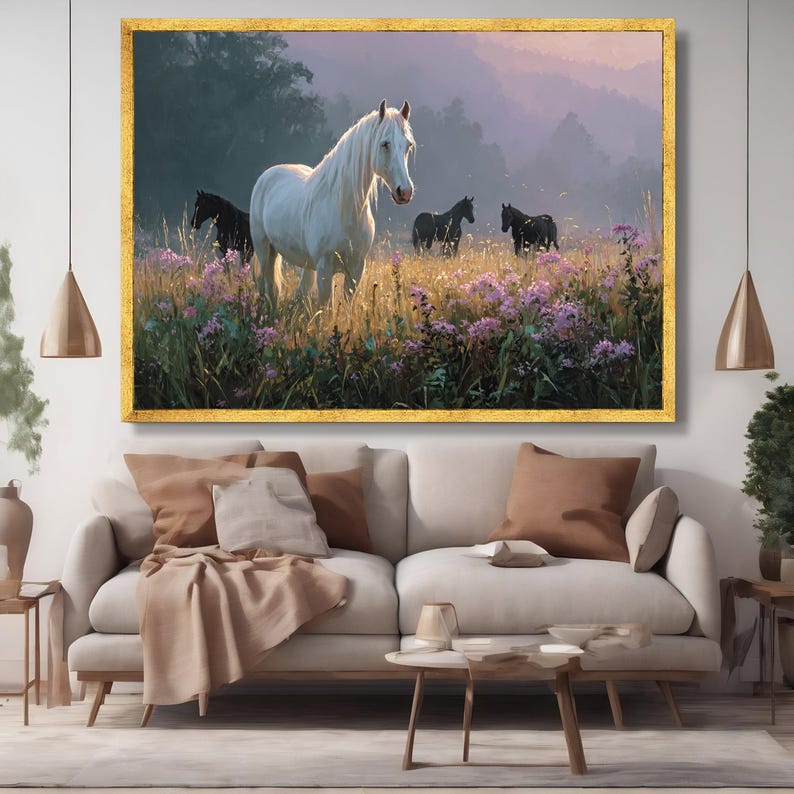 White Horse Wildflower Meadow Canvas, Equestrian Wall Art image 2