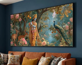 Lord Krishna Flute Canvas Art, Indian Mythology Hindu God Painting, Nature Wildlife Decor