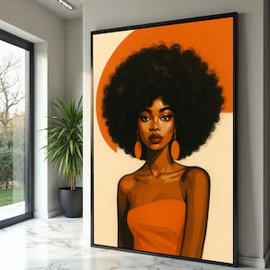 Elegante ritratto di donna afro su tela, arte moderna in bianco e nero, decorazione murale in tonalità di pelle marrone, decorazione su tela contemporanea, tela con illustrazione di moda
