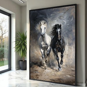 Dynamic Galloping Horses Canvas Wall Art, Black and White Horse Painting, Rustic Equine Home Decor, Energetic Animal Canvas, Ready to Hang