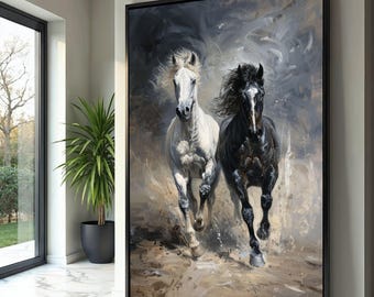 Lienzo decorativo de caballos al galope, pintura de caballo en blanco y negro, decoración rústica equina para el hogar, lienzo animal enérgico, listo para colgar.