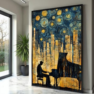 City Skyline Jazz Night, Klaviermusik Silhouette Leinwand, Urban Abstrakte Kunst, Nächtliche Stadtbild Leinwand, Musical Wohnkultur