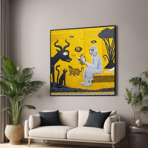 Quadro su tela con scena di lettura surreale, quadro astratto con umani e animali, tela moderna gialla e nera, decorazione per la casa stravagante, contemporaneo
