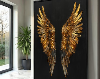 Golden Angel Wings Canvas Wall Art, Metallic Feather Illustration, Spiritual Home Decor, Modern Wall Hanging, Inspirational Art Print