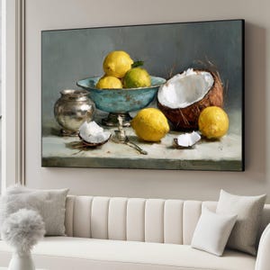 Rustikale Zitrus Stillleben Leinwand, Zitronen und Kokosnuss Kunst, Vintage Silber Vasen Gemälde, Küchen Wanddekoration, Bauernhaus Stil