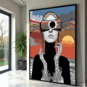 Può includere: Stampa artistica incorniciata raffigurante una donna con un dolcevita nero e un cerchio nero sugli occhi. Lo sfondo mostra un tramonto con un cielo colorato e un oceano. Le mani della donna sono dettagliate in bianco e nero.